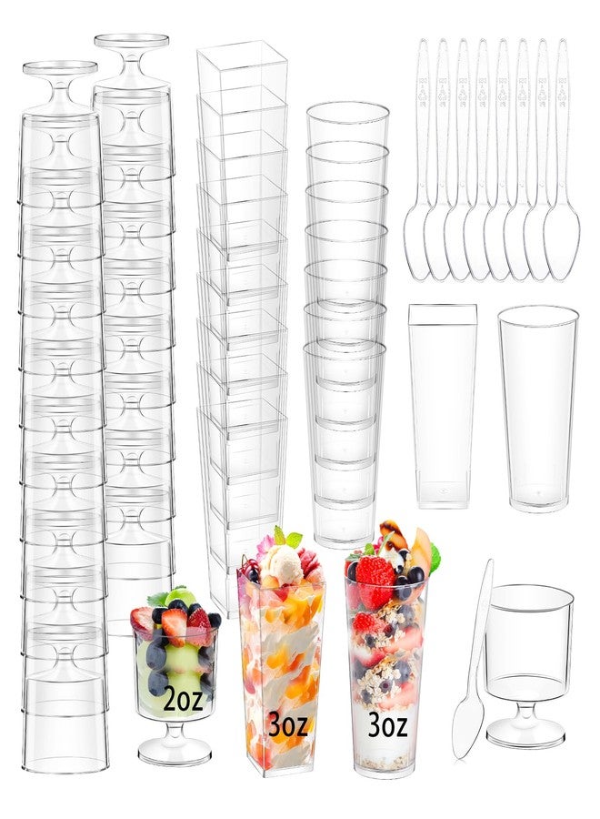 ALEXPRE 240 Packs 2/3 oz Mini Dessert Cups with Spoons, Square/Round/Round Goblet Clear Dessert Parfait Cups, Mini Plastic Dessert Cups Small Reusable Fruit Ice Cream Pudding Appetizer Cup Bowls - Image 1