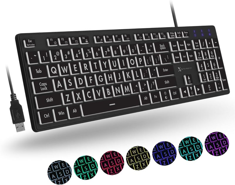 X9 Performance Large Print Backlit Keyboard Wired - Easy to See and Type - Light Up Keyboard for Seniors, Elderly, Kids - USB Lighted Keyboard, 7 Backlight Colors, Oversize Letters - Easy View PC, Computer Keyboards - Image 1