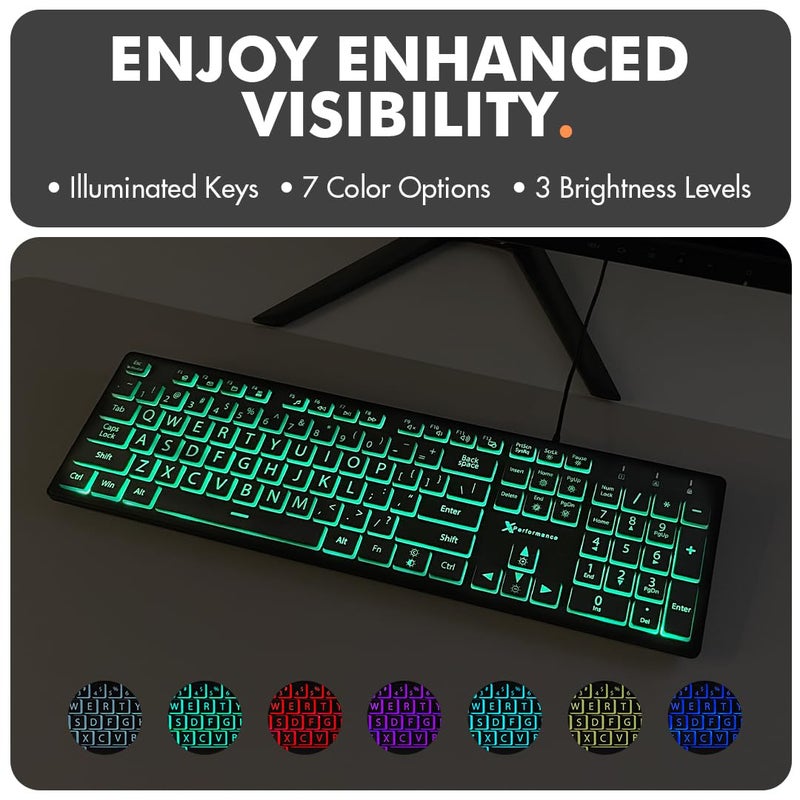X9 Performance Large Print Backlit Keyboard Wired - Easy to See and Type - Light Up Keyboard for Seniors, Elderly, Kids - USB Lighted Keyboard, 7 Backlight Colors, Oversize Letters - Easy View PC, Computer Keyboards - Image 3