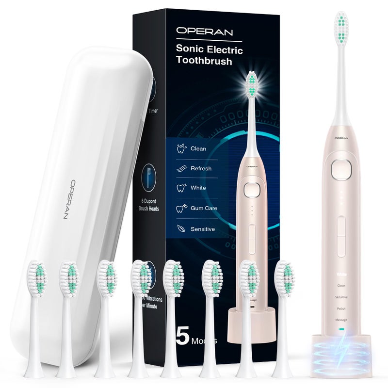 Operan Electric Toothbrush for Adults and Kids Rechargeable Sonic Toothbrush with 5 Modes 2Min Smart Timer IPX7 Waterproof 40000 VPM Motor with 8 Brush Heads Travel Case Champagne 1Pack