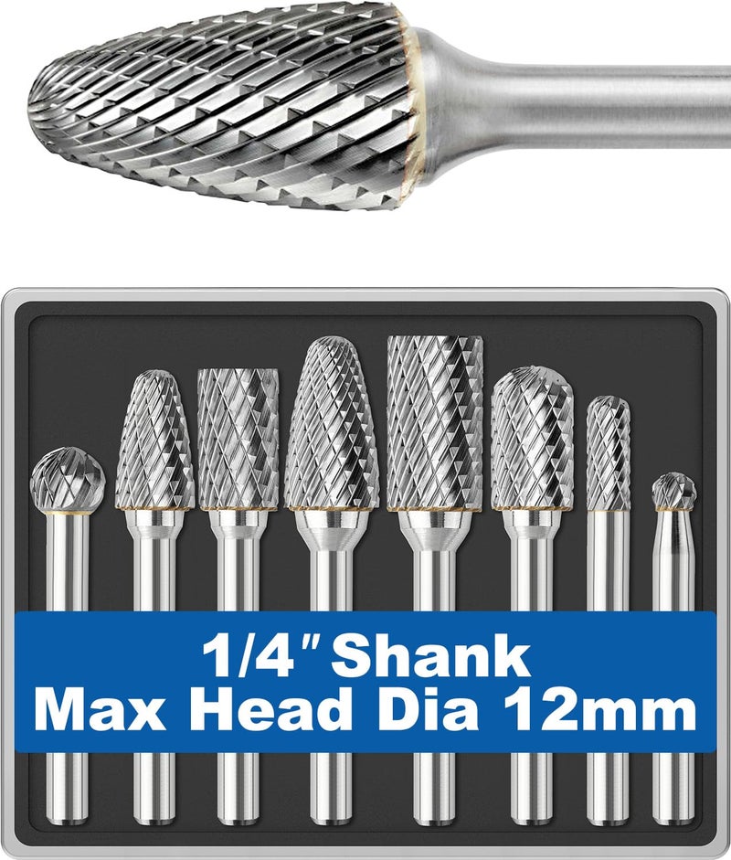 Sworker 8Pcs Carbide Burr Set 1/4 Shank w/Clear Box Max Head Dia 12mm Die Grinder Bits Rotary Tools Attachment Kit Rasp Accessories Metal Wood Stone Steel Grinding Deburring Cutting Porting Carving - Image 1