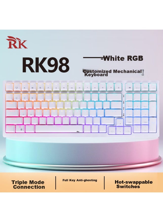 Rk98 Mechanical Keyboard, Wireless 2.4g Wired Bluetooth Tri-mode Keyboard, For Laptop, Home Office, Desktop, Gaming, 100 Keys, 98 Layout, Rgb Backlight, White, Blue Switch - Image 4