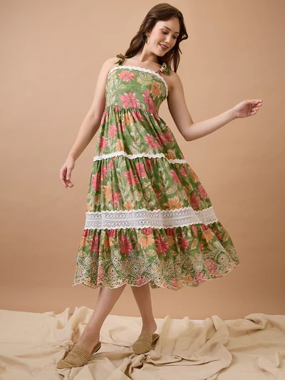 globus Women Floral Print Tie-Up Sleeves Schiffli Embroidered Hem Midi Fit & Flare Fusion Dress