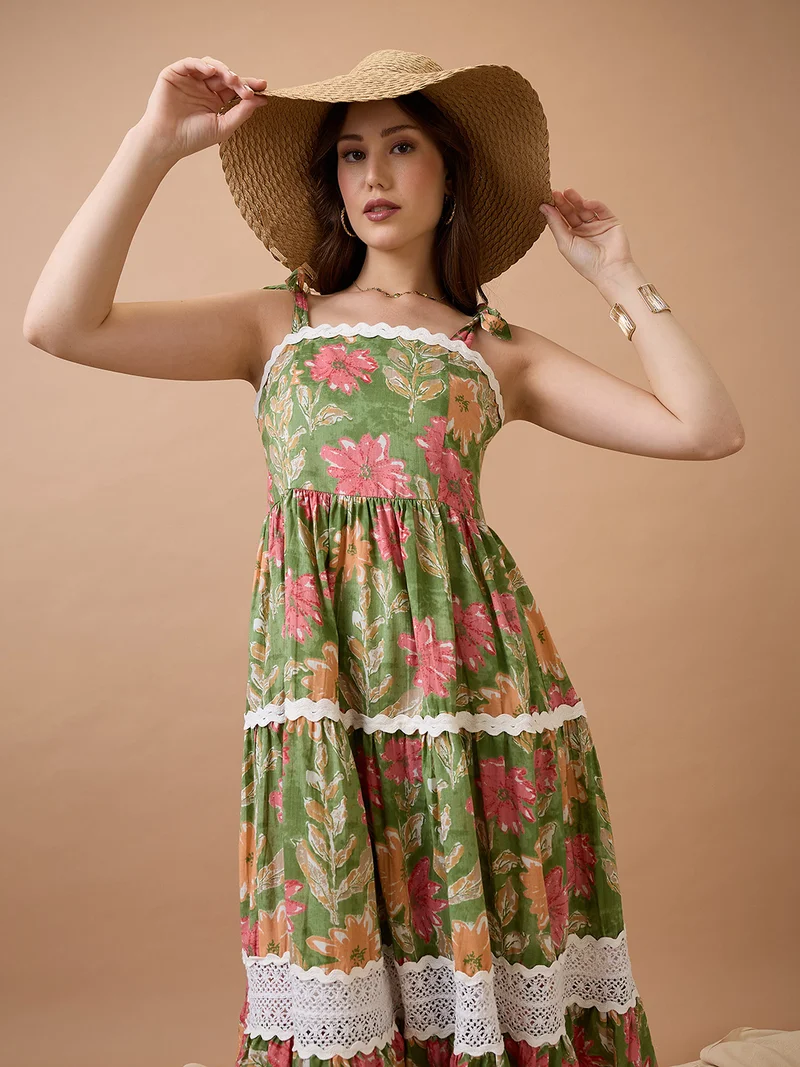 globus Women Floral Print Tie-Up Sleeves Schiffli Embroidered Hem Midi Fit & Flare Fusion Dress