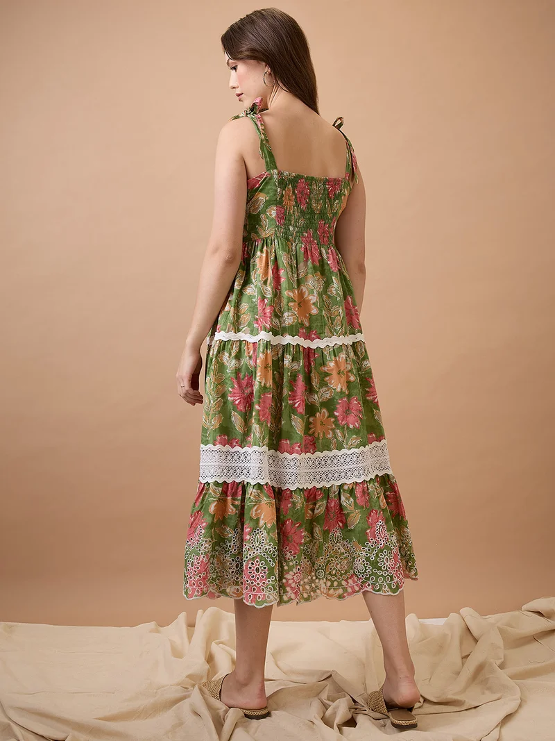 globus Women Floral Print Tie-Up Sleeves Schiffli Embroidered Hem Midi Fit & Flare Fusion Dress
