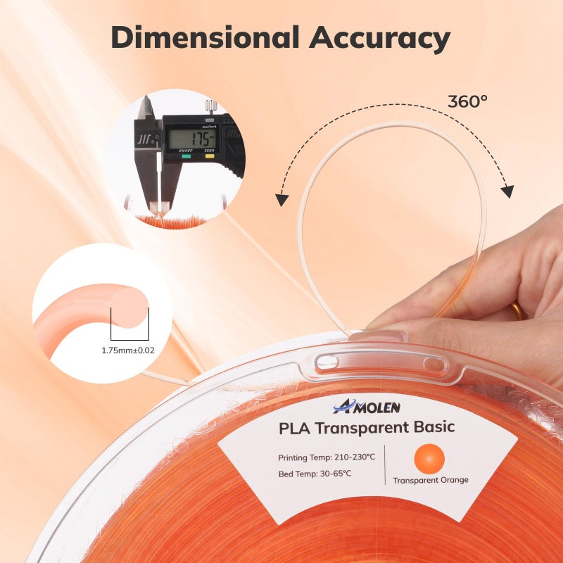 AMOLEN 3D Printer Filament Crystal PLA Transparent 1.75mm, Crystal Orange Clear Printing, Low Warping & No-Bubbles, Dimensional Accuracy +/- 0.02 mm, Fits Most FDM 3D Printers, 1kg Spool(2.2lbs) - Image 2