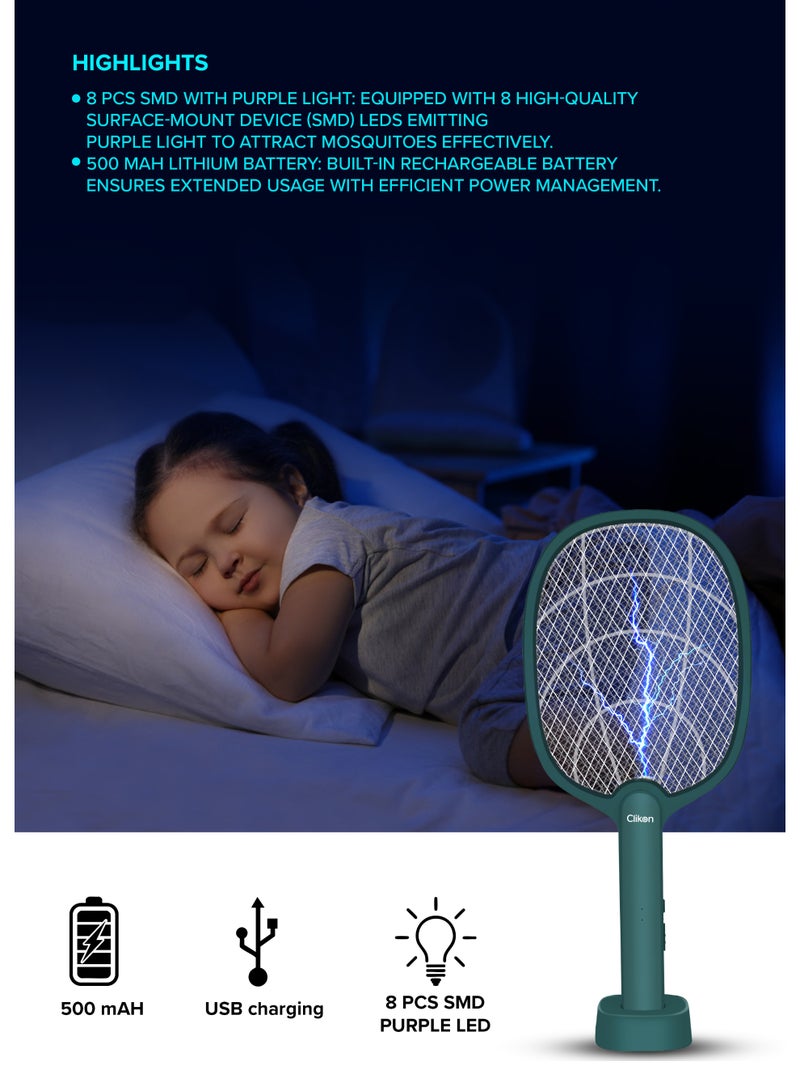 Clikon clikon Rechargeable Mosquito Swatter with Hi-Power LED Light - USB Power, Green Color with LED Light for Mosquitos Flies Pest Control for Indoor and Outdoor Use  - Image 3