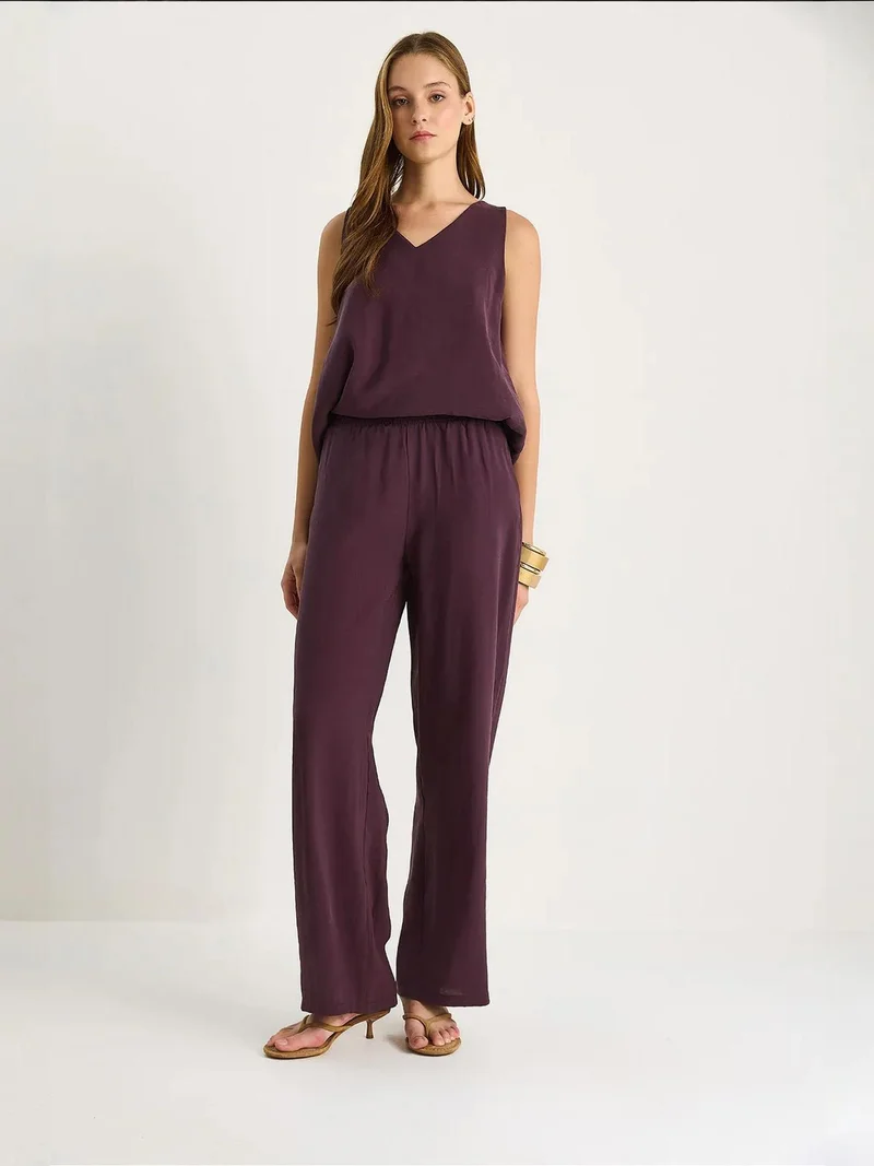 Bianco Lucci Amethyst Purple LUCCI V-Neck Cotton Blouse-Pants Two-Piece Set for Women | Best Price UAE
