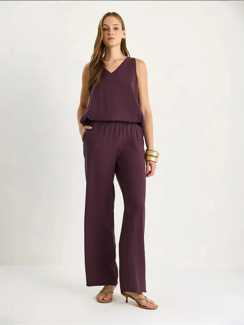 Bianco Lucci Amethyst Purple LUCCI V-Neck Cotton Blouse-Pants Two-Piece Set for Women | Best Price UAE