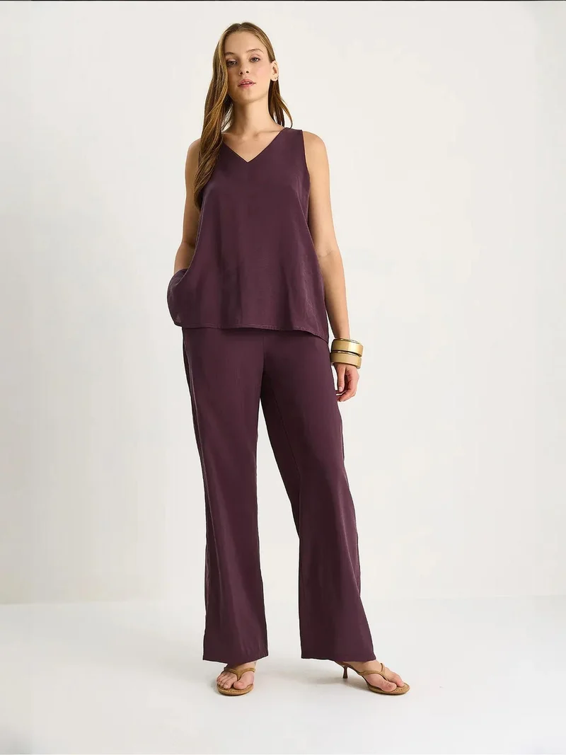 Bianco Lucci Amethyst Purple LUCCI V-Neck Cotton Blouse-Pants Two-Piece Set for Women | Best Price UAE