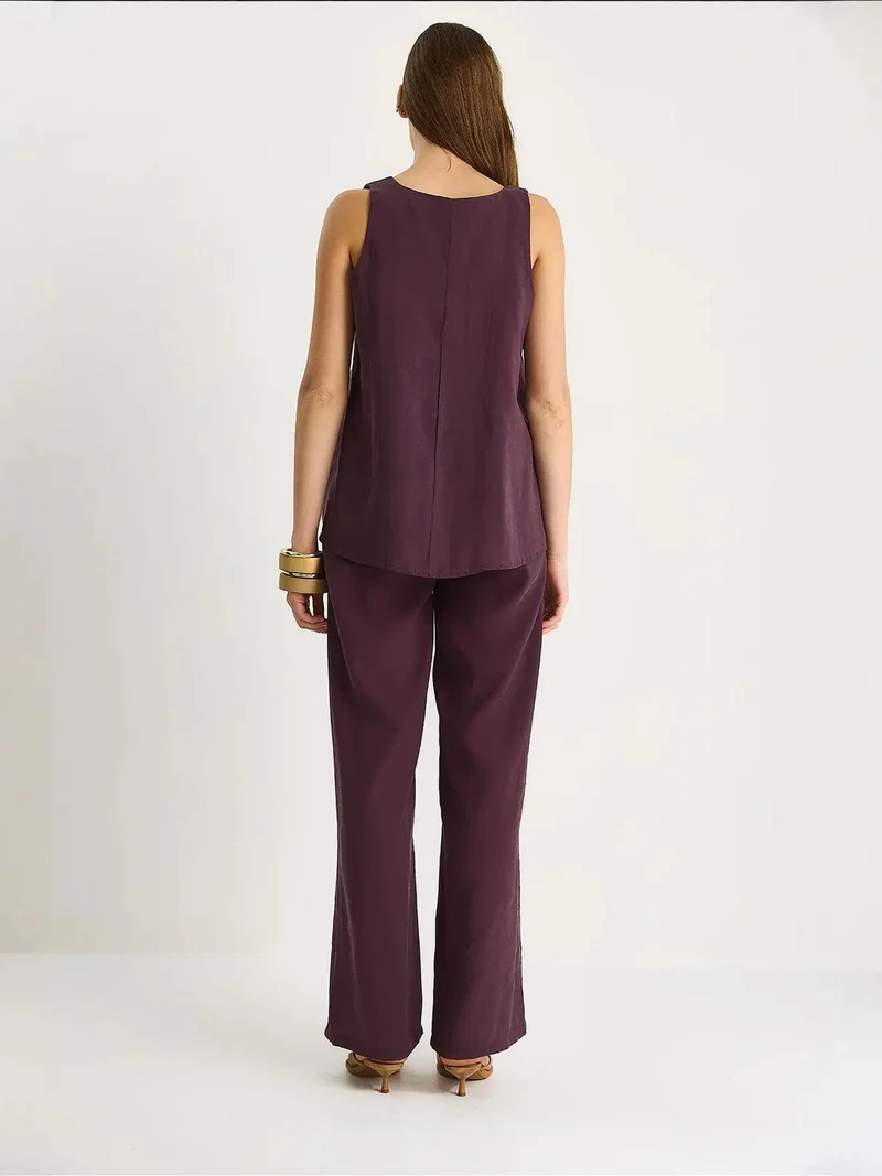 Bianco Lucci Amethyst Purple LUCCI V-Neck Cotton Blouse-Pants Two-Piece Set for Women | Best Price UAE