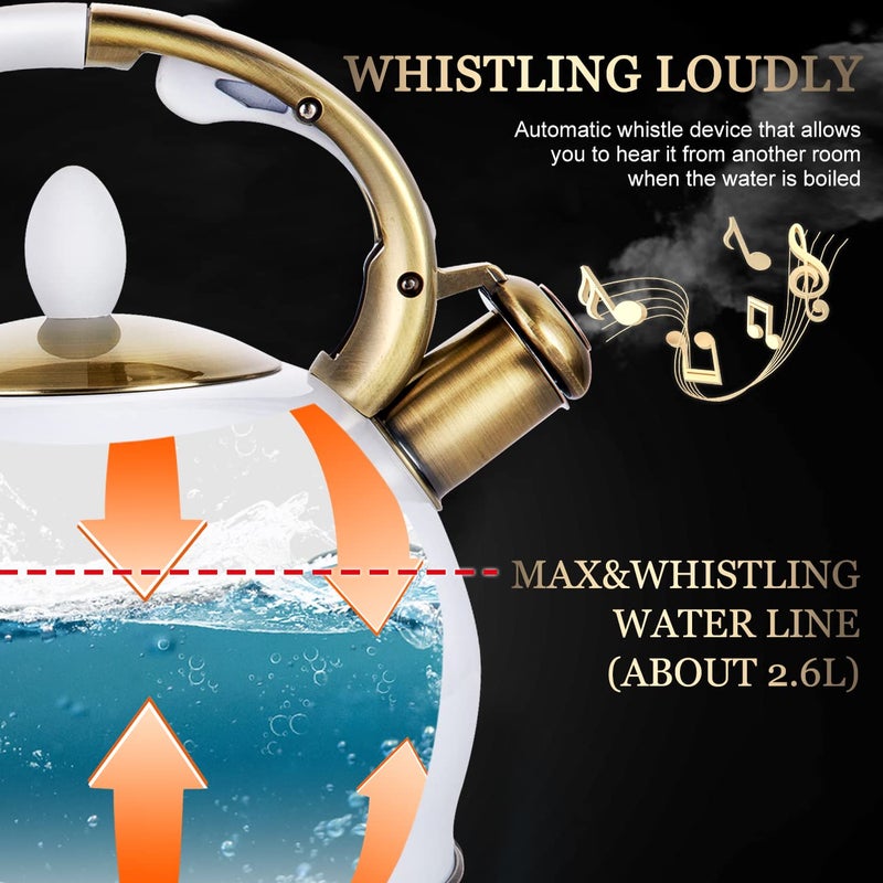 SUSTEAS Stove Top Whistling Tea Kettle - Food Grade Stainless Steel Teakettle Teapot with Cool Touch Ergonomic Handle, With 1 Silicone Pinch Mitt Included, 2.64 Quart(WHITE) - Image 3