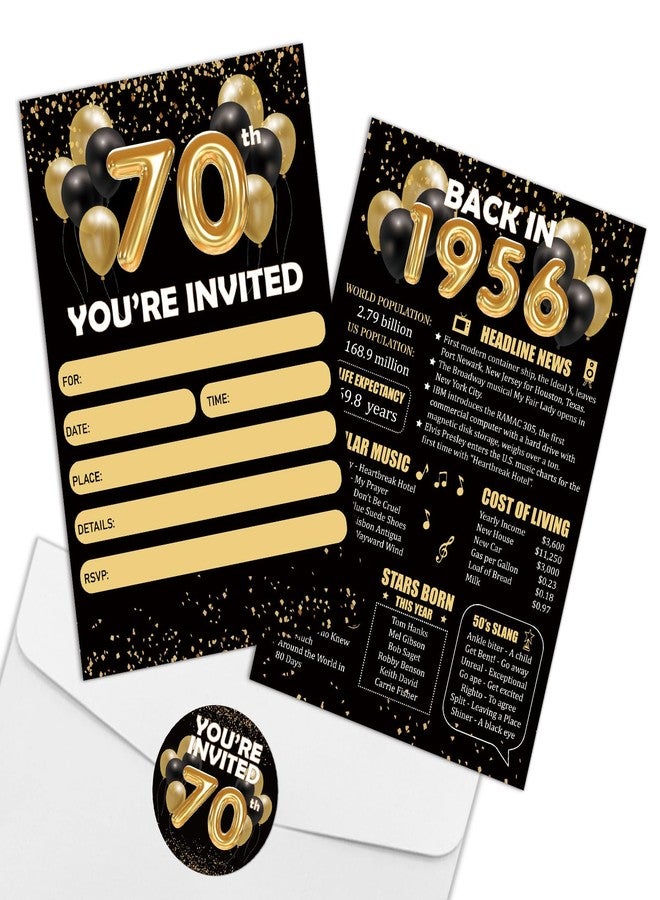 REWIDPARTY Black Gold 70th Birthday Invitations for Women Men - 15 Sets Back in 1956 Invitations with Envelopes Stickers - 70 Year Old Party Invites Supplies for Birthday Anniversary - Image 1