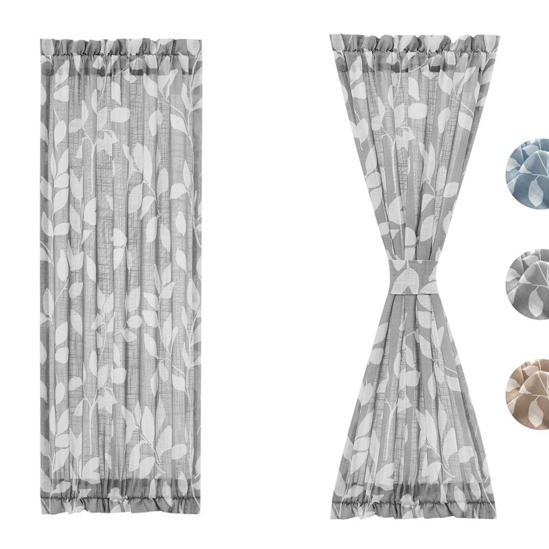 Treatmentex White Grey Sidelight French Door Curtains 40 Short Leaf Print Privacy Front Glass Door Panels Linen Texture Look Half Door Curtain Set of 2 26 W