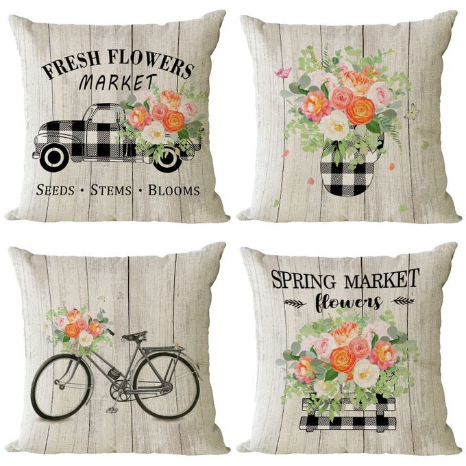 SPRING THROW PILLOW COVERS 18X18 SET OF 4 FLORAL PILLOW COVERS SPRING SUMMER DECORATIVE PILLOW COVERS TRUCK BIYCLE FLOWER CUSHION COVERS PILLOW CASES FOR HOME OUTDOOR SOFA COUCH DECORATIONS 18 INCH