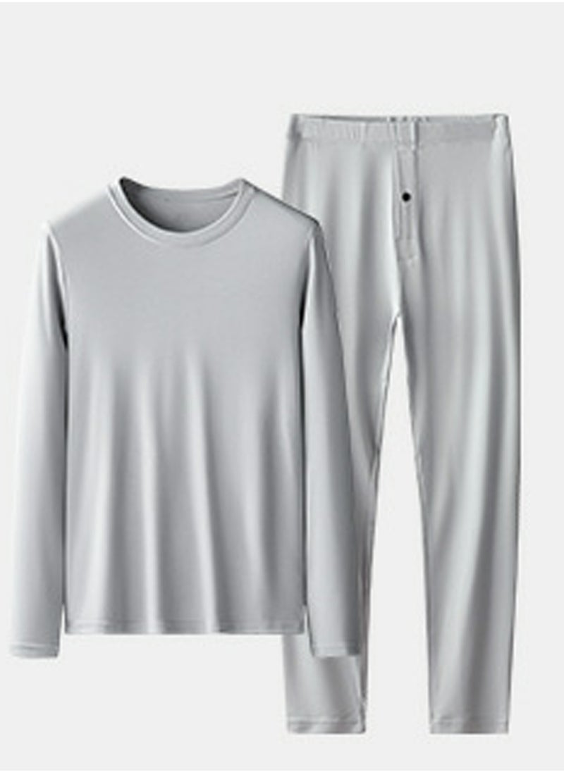Loquat - Mens Solid Color Thin Seamless Long Johns And Crew-Neck Thermal Underwear Set 2 Piece Base Layer Set for Men Light Grey - Image 1