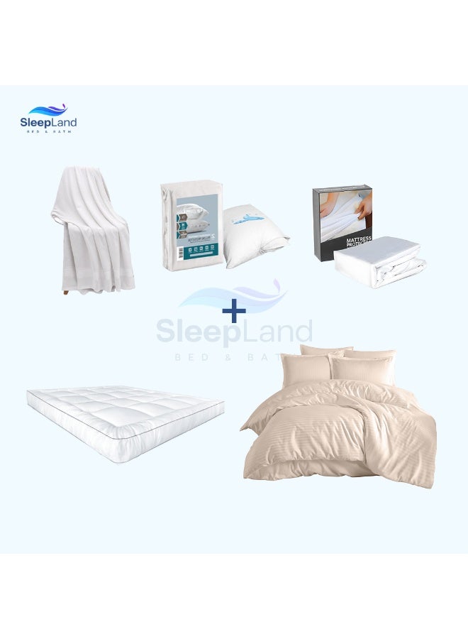 سليب لاند بكج ( لباد فندقي مقاس 200×200 سم ارتفاع 14 سم +  واقي مرتبة مقاس 200×200 سم + طقم واقي مخدة + منشفة قطن مقاس 70*140 سم + مفرش فندقي لون بيج مقاس 200×200سم ) - Image 2