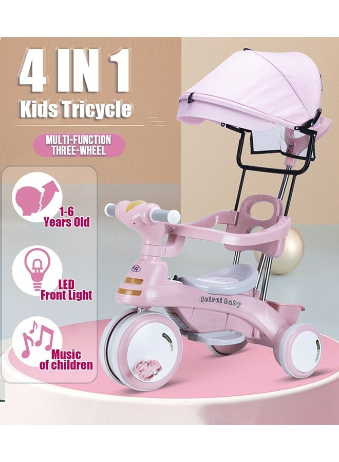 Ominii Children's Tricycle - Multifunctional 4-in-1 Baby Pedal Trike with Canopy, Adjustable Footrests, Parent Push Handle, LED Lights, and Storage Basket, Suitable for Ages 1-6  - Image 1