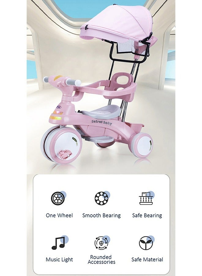 Ominii Children's Tricycle - Multifunctional 4-in-1 Baby Pedal Trike with Canopy, Adjustable Footrests, Parent Push Handle, LED Lights, and Storage Basket, Suitable for Ages 1-6  - Image 5