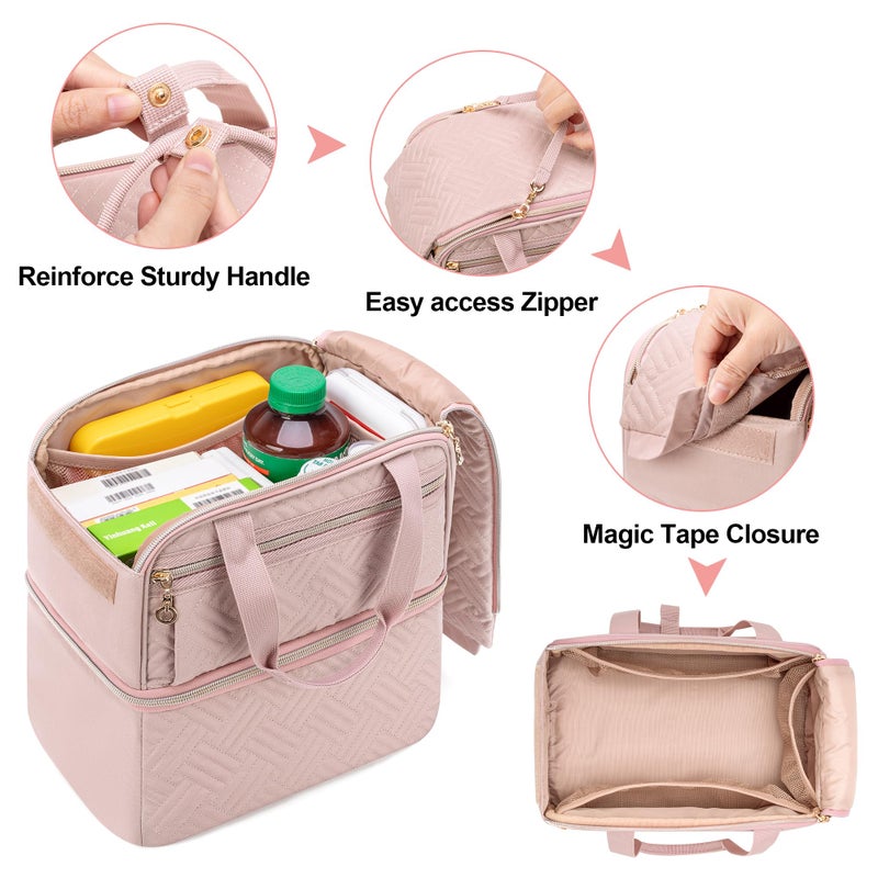 Damero Double Layers Pill Bottle Organizer Empty, Lockable Medicine Storage Bag Medication Travel Bag with 4 Customized Dividers for Prescription Bottles, Medical Supplements,Misty Rose - Image 2