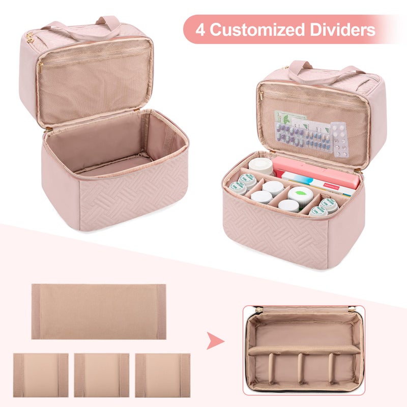 Damero Double Layers Pill Bottle Organizer Empty, Lockable Medicine Storage Bag Medication Travel Bag with 4 Customized Dividers for Prescription Bottles, Medical Supplements,Misty Rose - Image 3