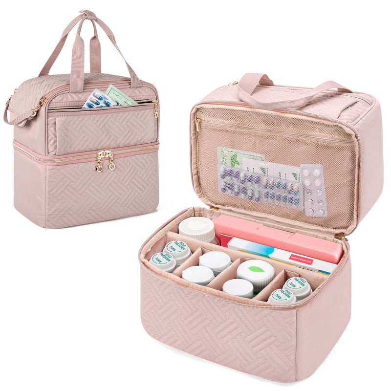 Damero Double Layers Pill Bottle Organizer Empty, Lockable Medicine Storage Bag Medication Travel Bag with 4 Customized Dividers for Prescription Bottles, Medical Supplements,Misty Rose - Image 1
