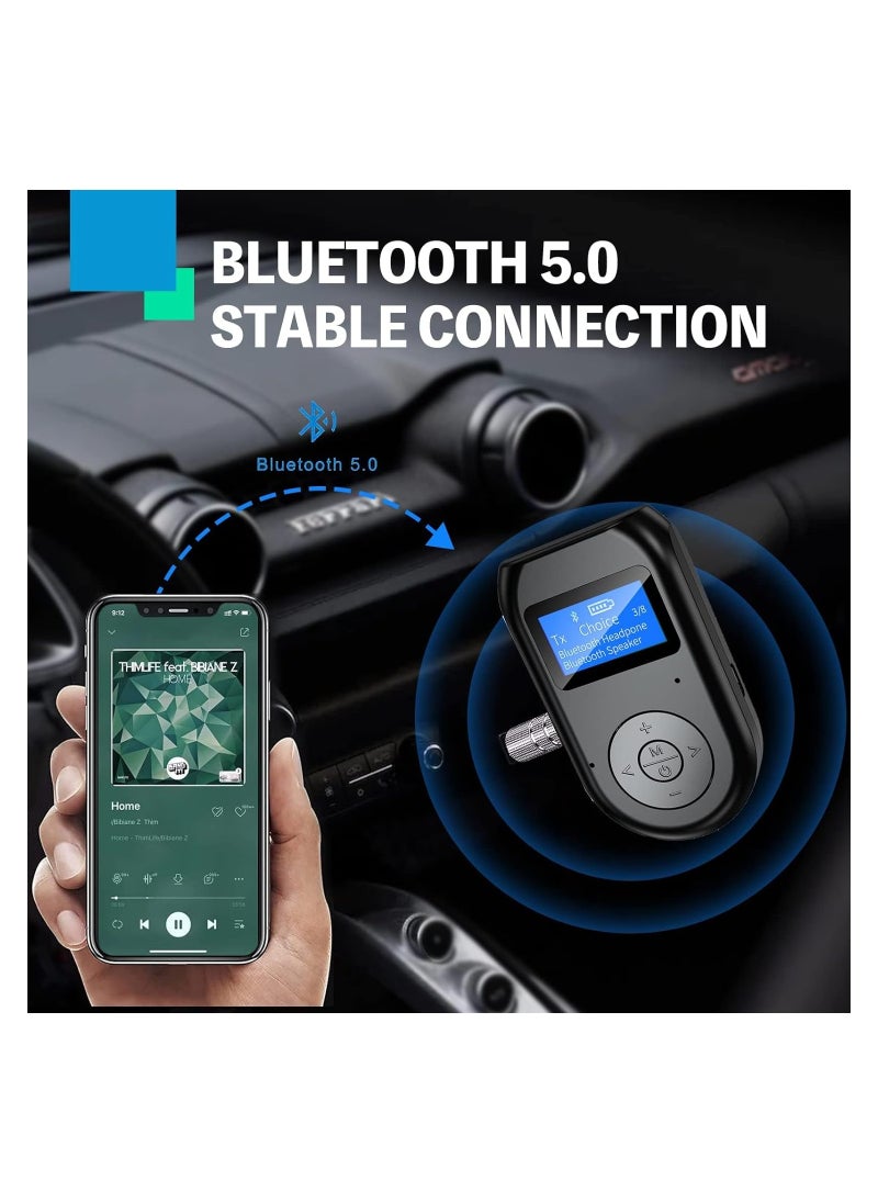 SYOSI - Bluetooth Transmitter Receiver, 4-in-1 Bluetooth 5.0 Visible Dual Link Wireless Bluetooth Adapter with Display Screen, Low Latency Audio Adapter for Speaker/TV/PC/Car/Home/Stereo System - Image 1
