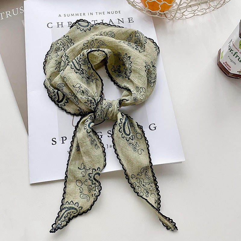 Retro Floral Cotton Linen Scarf for Women green cashew flower