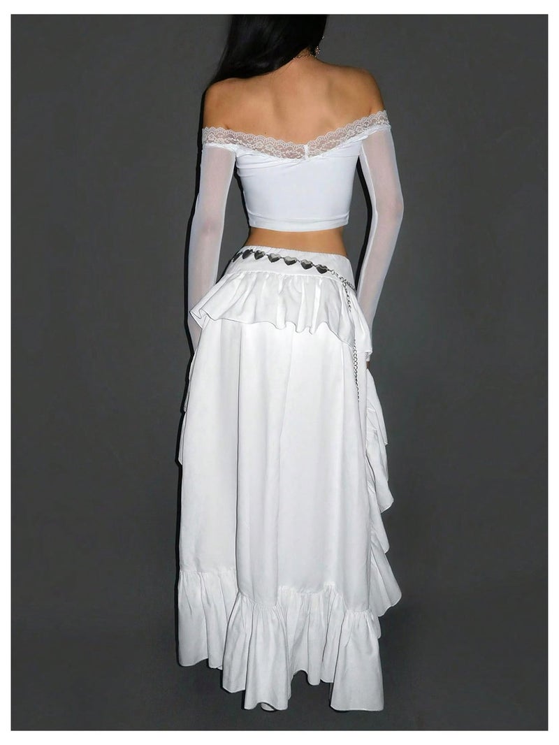 Verdusa Women's Renaissance Pirate Western High Low Night Out Skirt Asymmetrical Ruffle Maxi Skirts White Medium - Image 5