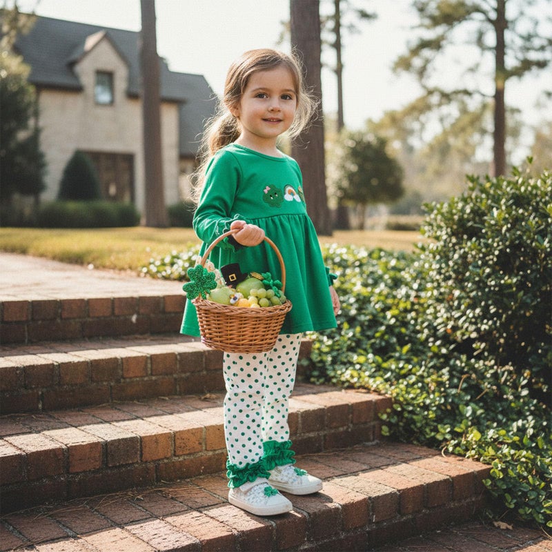 BemeyourBBs Toddler Baby Girl St Patricks Day Outfits Long Sleeve Shirts Tunic Top and Ruffle Pants Set Cute Infant Clothes (Ruffle Shamrock Long Sleeve Green, 6-12 Months) - Image 2