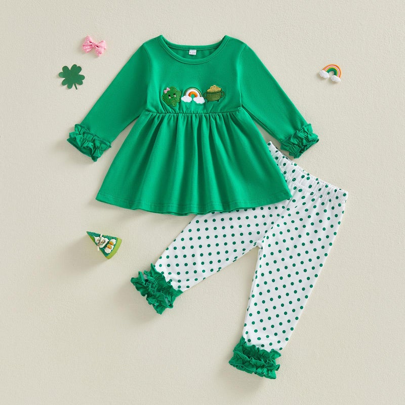 BemeyourBBs Toddler Baby Girl St Patricks Day Outfits Long Sleeve Shirts Tunic Top and Ruffle Pants Set Cute Infant Clothes (Ruffle Shamrock Long Sleeve Green, 6-12 Months) - Image 4