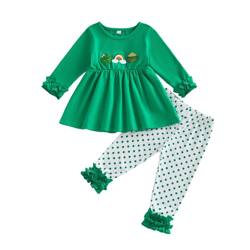 BemeyourBBs Toddler Baby Girl St Patricks Day Outfits Long Sleeve Shirts Tunic Top and Ruffle Pants Set Cute Infant Clothes (Ruffle Shamrock Long Sleeve Green, 6-12 Months) - Image 1