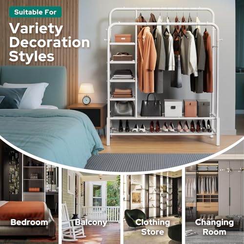 ZHKINGGS Clothes Rack, Double Rods Clothing Rack with 2 Bottom Shelves & 4 Side Shelves, Metal Garment Rack for Hanging Clothes, Heavy Duty Clothes Rack for Bedroom, Laundry, Living Room, White - Image 5