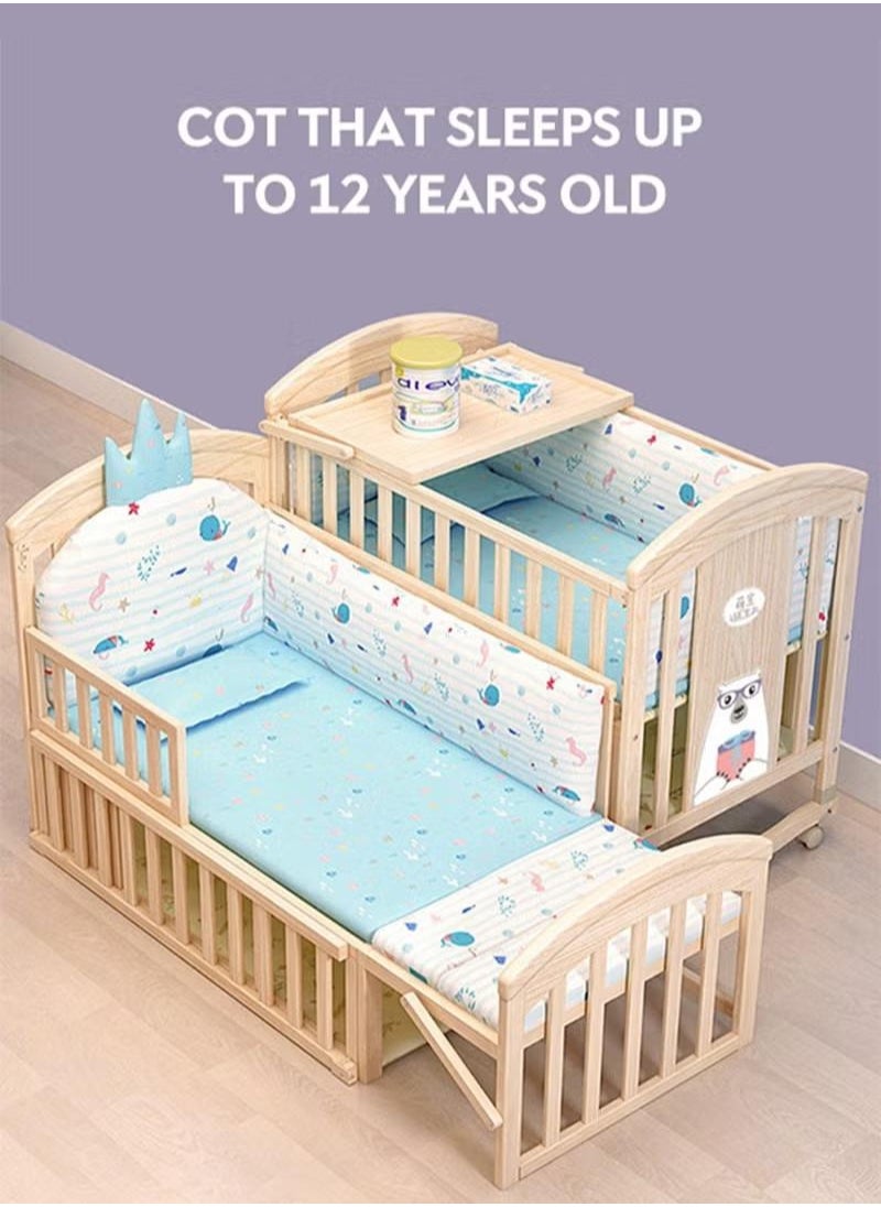 XiuWoo Multifunctional Baby Crib 6 in 1 with Mattress Included, Natural Wood Convertible Crib with Foldable Storage Baby Playpen, Baby Beds Bassinet Bedside Sleeper  - Image 3