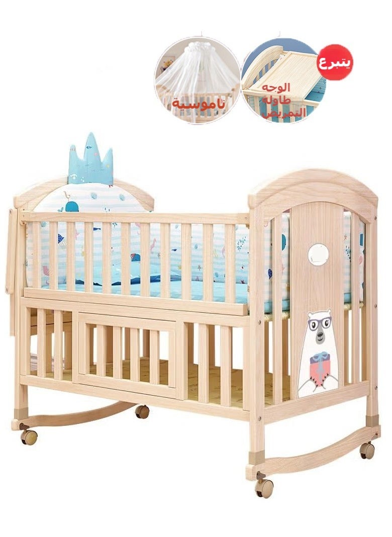 XiuWoo Multifunctional Baby Crib 6 in 1 with Mattress Included, Natural Wood Convertible Crib with Foldable Storage Baby Playpen, Baby Beds Bassinet Bedside Sleeper  - Image 1