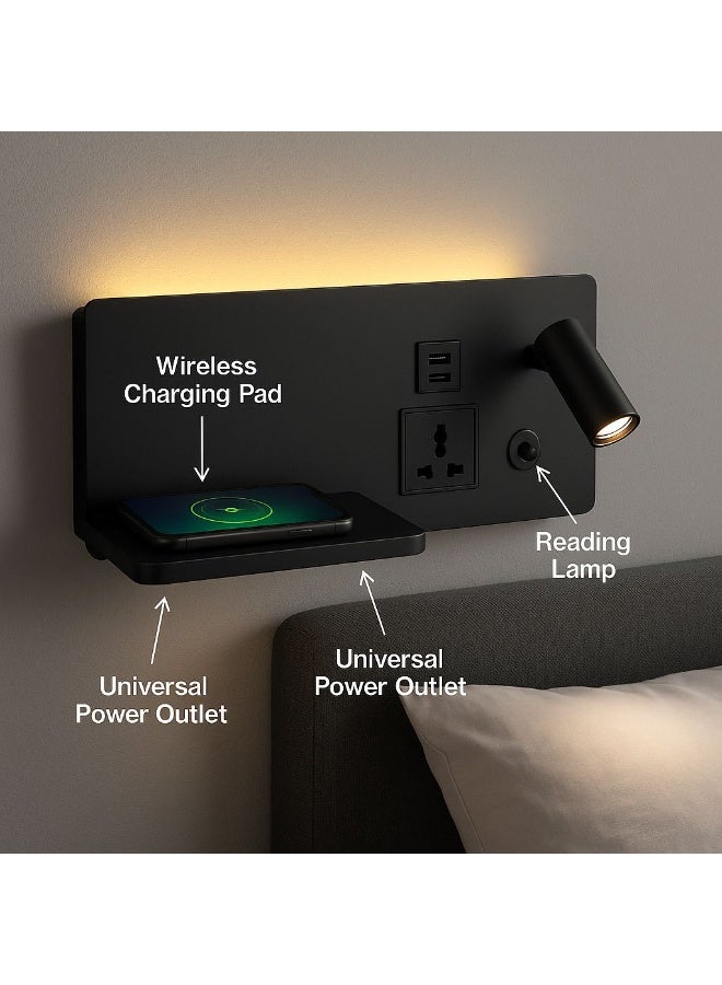 NERFA Smart Bedside Wall Light Panel with Wireless Charger, USB Ports & Power Socket – Black - Image 3