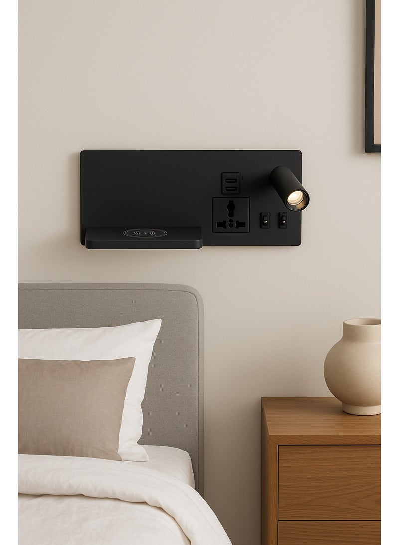 NERFA Smart Bedside Wall Light Panel with Wireless Charger, USB Ports & Power Socket – Black - Image 1