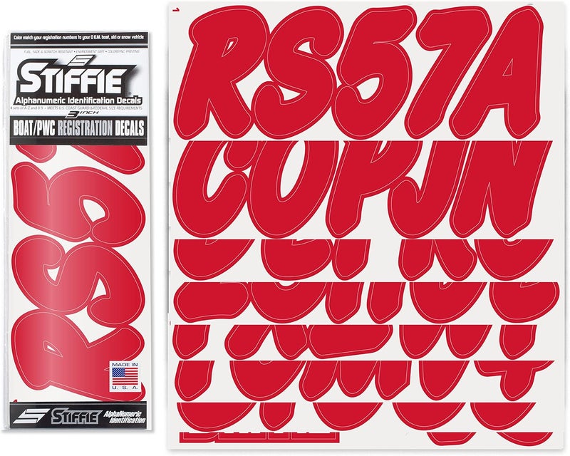 Stiffie Whip-One Red 3" Alpha-Numeric Registration Identification Numbers Stickers Decals for Boats & Personal Watercraft - Image 1