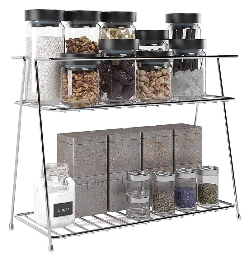 CR18 COLLECTION Stainless Steel Kitchen Rack, Kitchen Organizer and Space Saver, Counter top Stainless Steel Kitchen Stand 2-Tier Trolley Basket for Boxes Utensils Dishes Plates for Home - Image 1