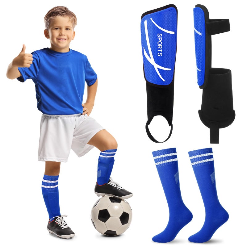 VercanMonth Soccer Shin Guards and Socks Kids Youth Lightweight Soccers Pads Defender with Ankle Protection Ski Shin Guards Football Equipment for Age 414 Toddler Boy GirlSmallSportsBlue - Image 2