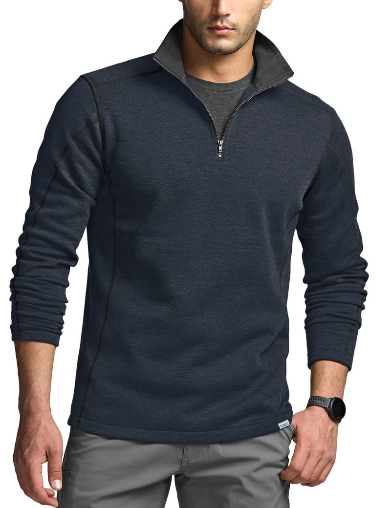 CQR Men's Thermal Fleece Quarter Zip Sweater, Outdoor Lightweight Long Sleeve Pullover, Casual Mock Neck Polo Sweaters, Crest Navy, XX-Large - Image 1