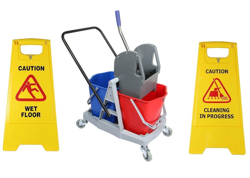 TARGET HYGIENE TARGET HYGIENE Double Bucket Mop Wringer Trolley Free with Caution Sign Board Combo Wet Floor Cleaning in Progress 40 LTR  - Image 1