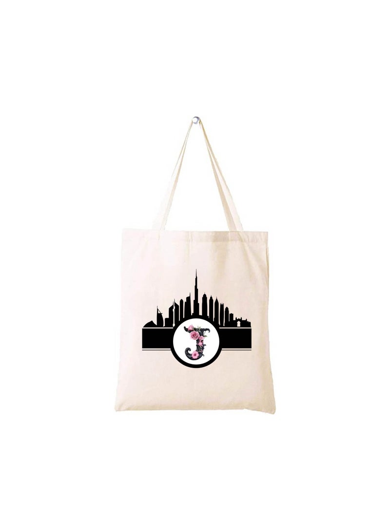 PRINTSHOP4ME Initial Monogram Cotton Tote Bag With Dubai Skyline Theme - Image 1
