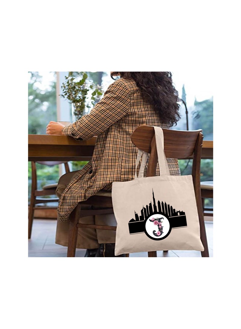 PRINTSHOP4ME Initial Monogram Cotton Tote Bag With Dubai Skyline Theme - Image 3