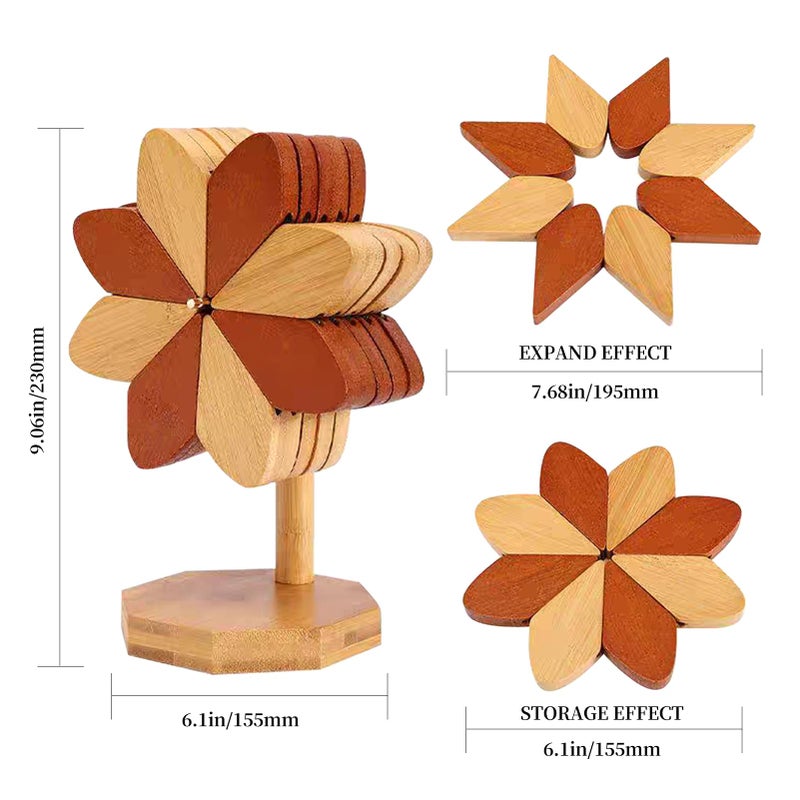 DEOLD Wooden Placemats - Tree Washer Set, Wooden Pinwheel Coaster Set with Stand for Easy Storage - for Fondue pots, Pans, Bowls, teapots, Warming Trays - Versatile Decorations (Windmill placemats 5 pcs) - Image 2