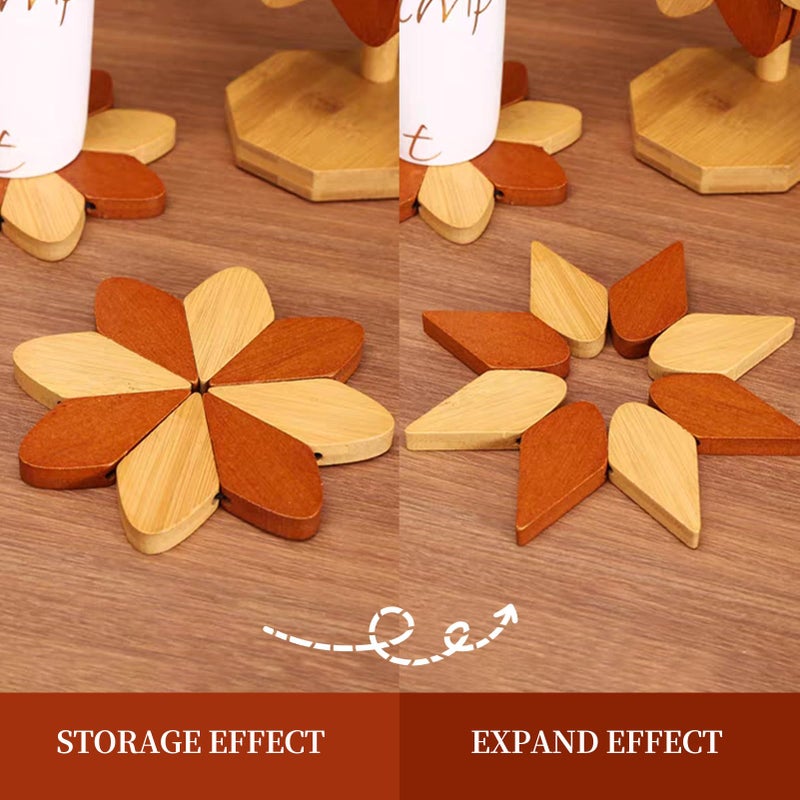 DEOLD Wooden Placemats - Tree Washer Set, Wooden Pinwheel Coaster Set with Stand for Easy Storage - for Fondue pots, Pans, Bowls, teapots, Warming Trays - Versatile Decorations (Windmill placemats 5 pcs) - Image 5