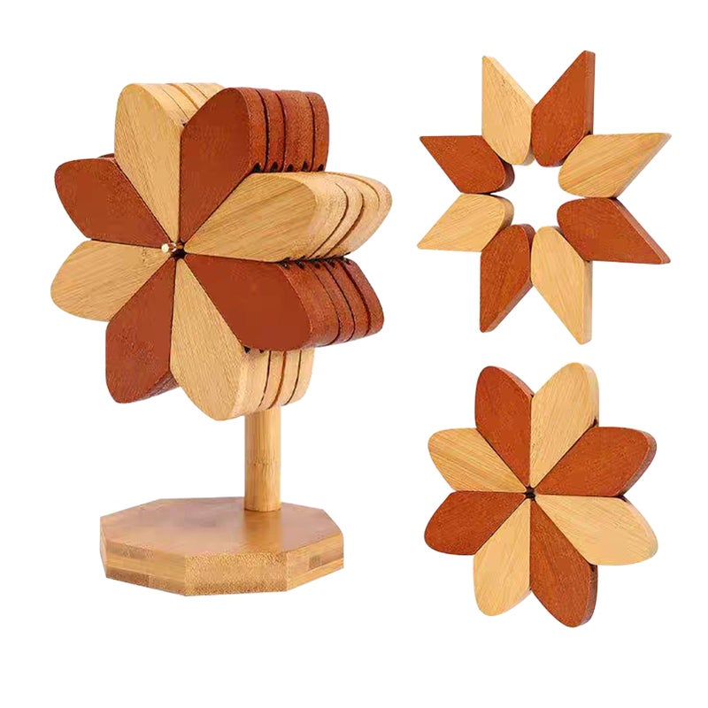 DEOLD Wooden Placemats - Tree Washer Set, Wooden Pinwheel Coaster Set with Stand for Easy Storage - for Fondue pots, Pans, Bowls, teapots, Warming Trays - Versatile Decorations (Windmill placemats 5 pcs) - Image 1
