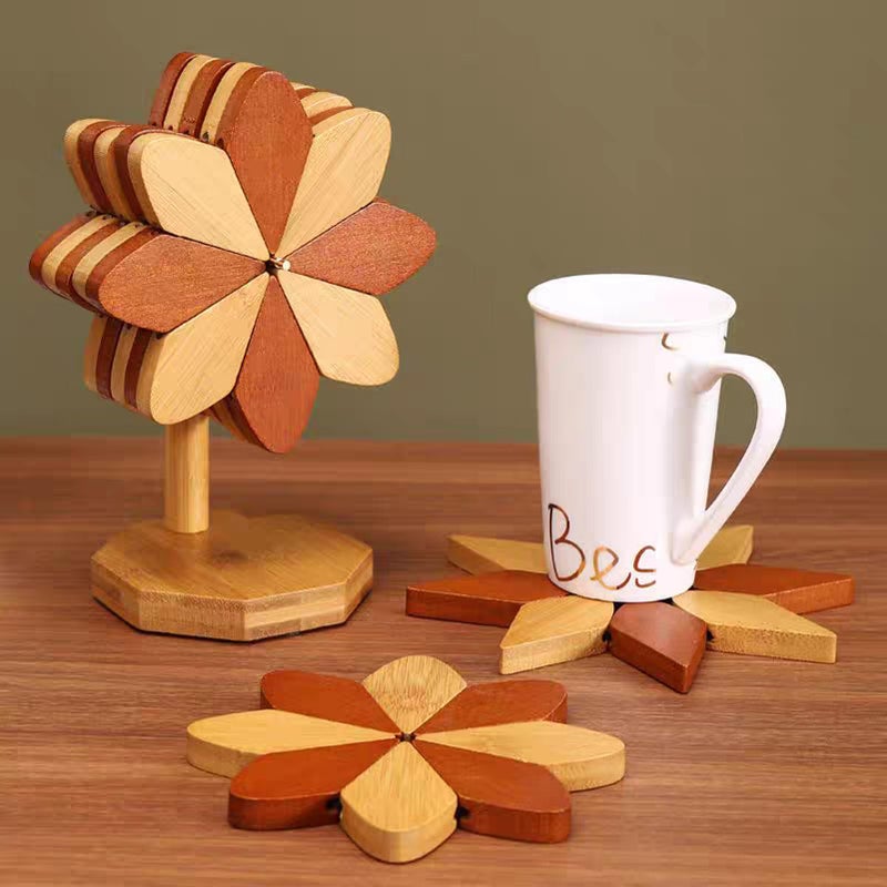 DEOLD Wooden Placemats - Tree Washer Set, Wooden Pinwheel Coaster Set with Stand for Easy Storage - for Fondue pots, Pans, Bowls, teapots, Warming Trays - Versatile Decorations (Windmill placemats 5 pcs) - Image 4