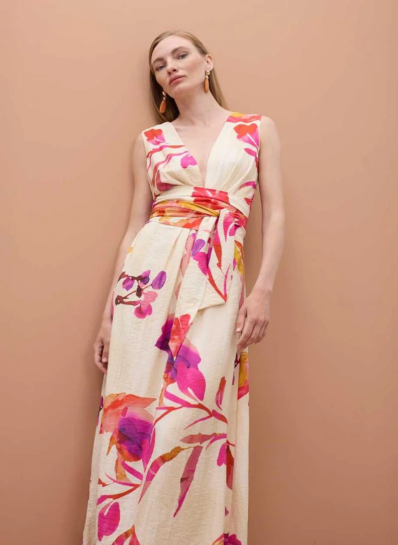 لولا كساديمونت V-neck Dress with Adjustable Belt and Floral Print