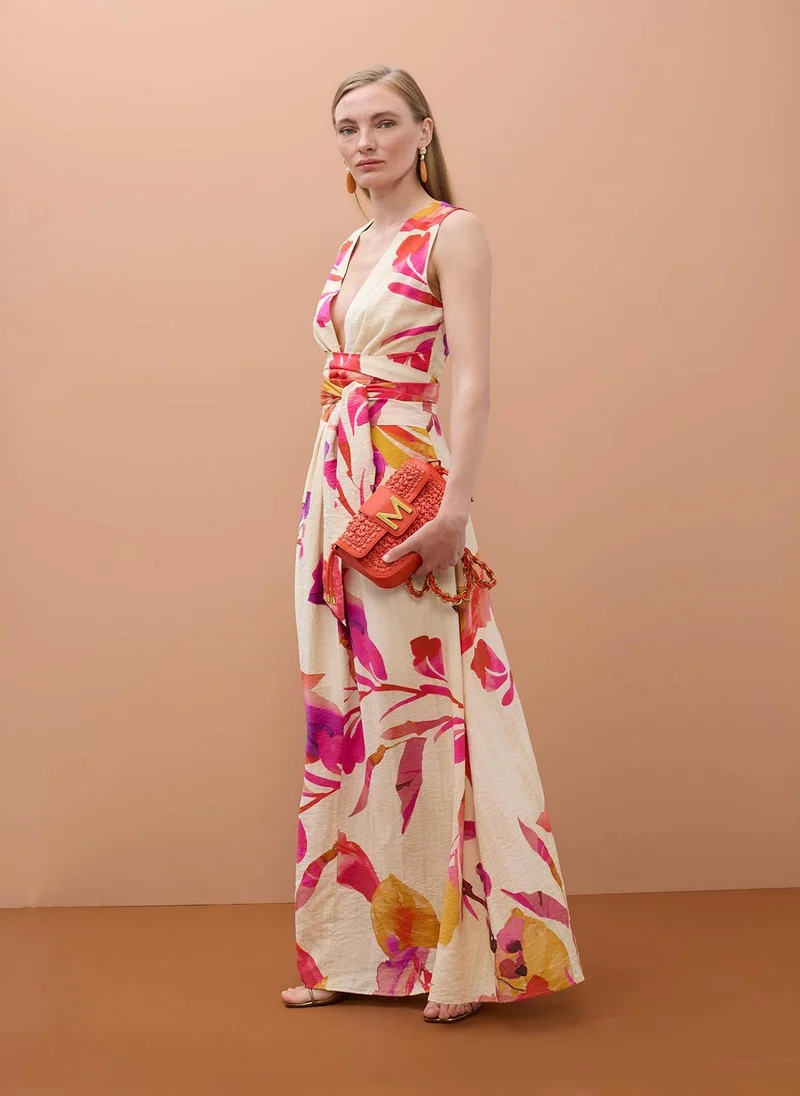 لولا كساديمونت V-neck Dress with Adjustable Belt and Floral Print